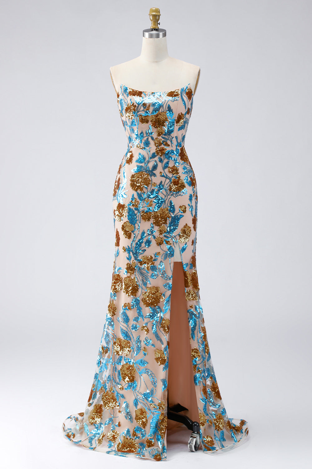 Robe de soirée longue bustier à paillettes sirène bleu étincelant avec ceinture