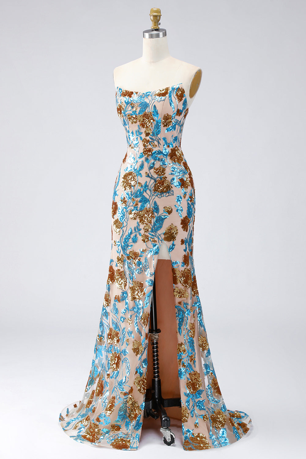 Robe de soirée longue bustier à paillettes sirène bleu étincelant avec ceinture