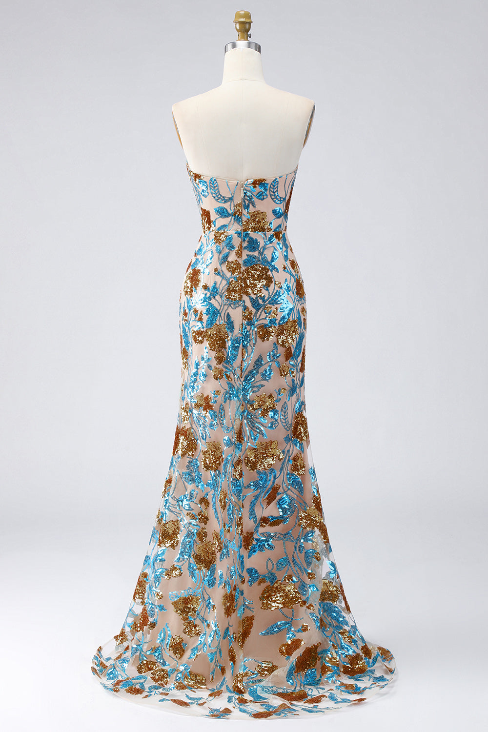 Robe de soirée longue bustier à paillettes sirène bleu étincelant avec ceinture