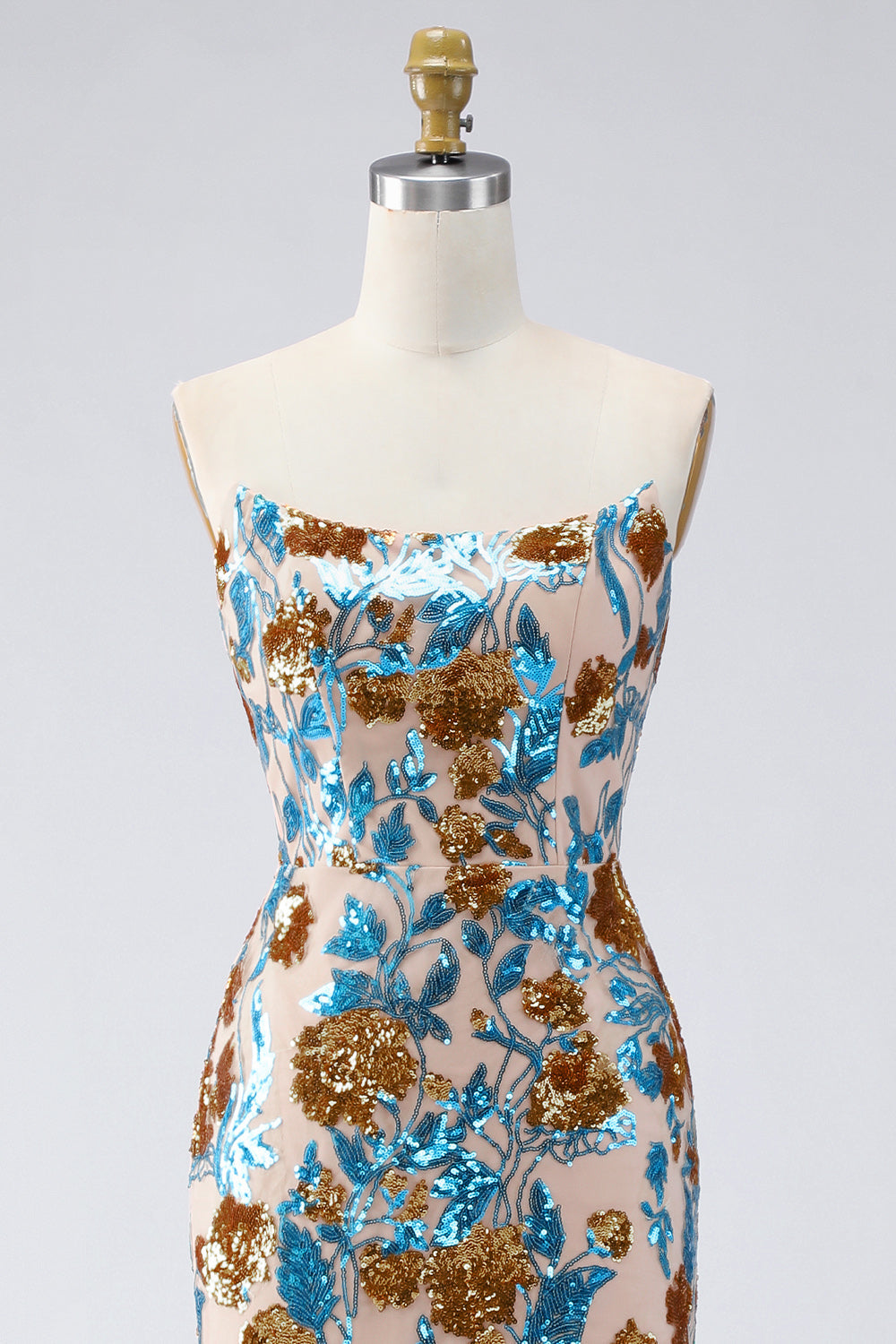 Robe de soirée longue bustier à paillettes sirène bleu étincelant avec ceinture