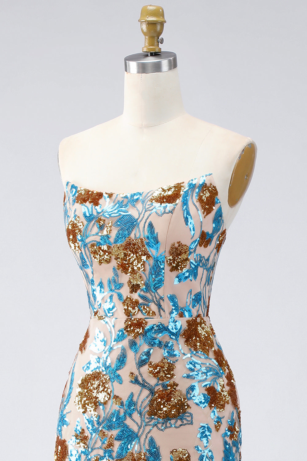 Robe de soirée longue bustier à paillettes sirène bleu étincelant avec ceinture