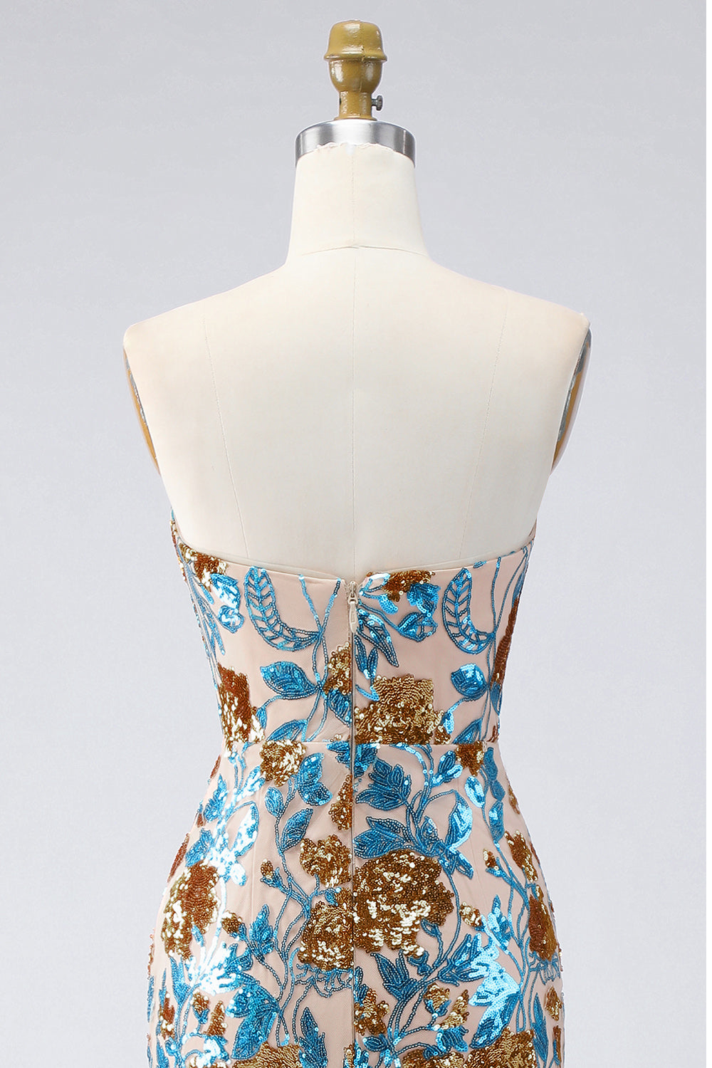 Robe de soirée longue bustier à paillettes sirène bleu étincelant avec ceinture