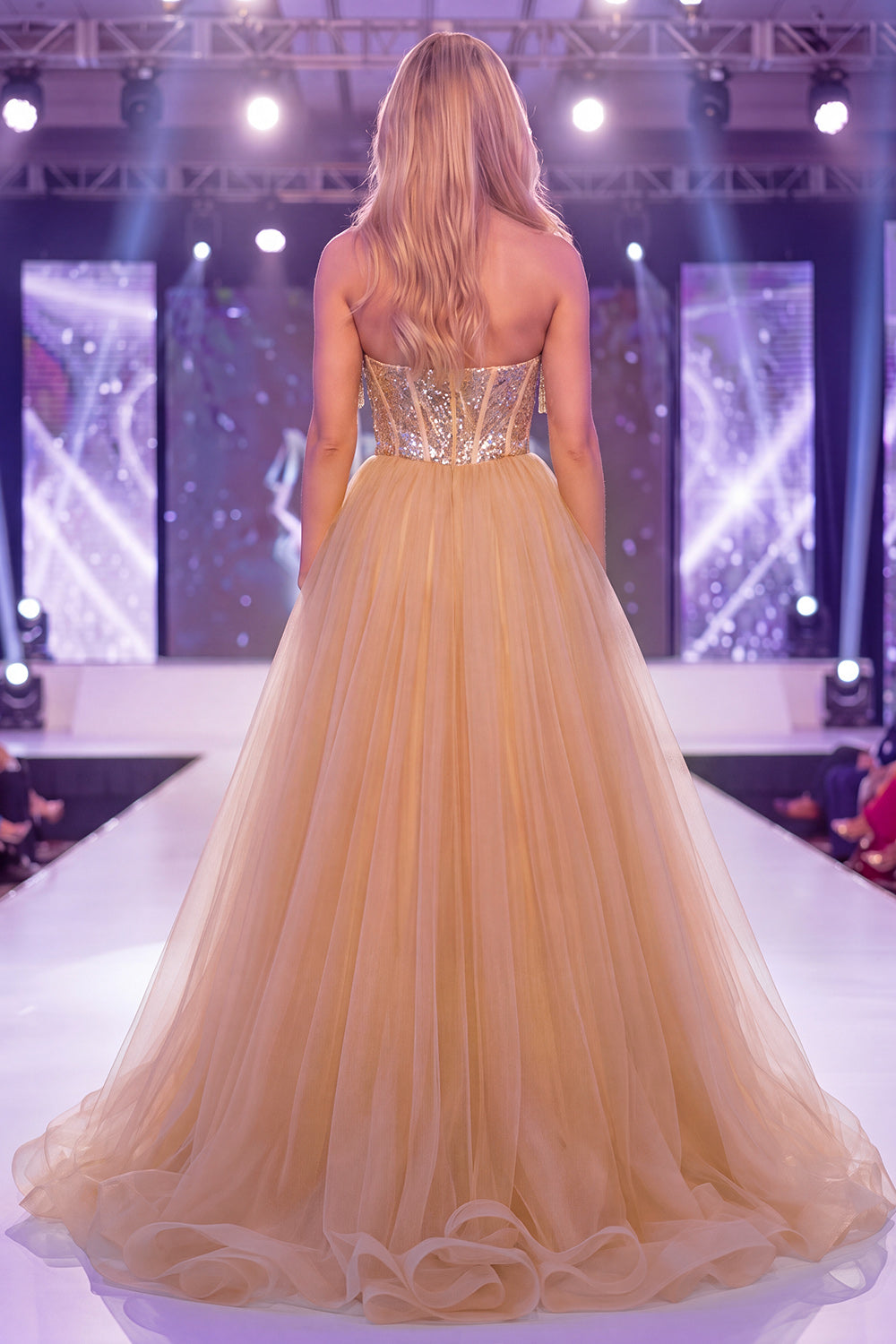 Sparkly Champagne Mermaid Sweetheart Sheer Corset Long Pageant Dress with Sash