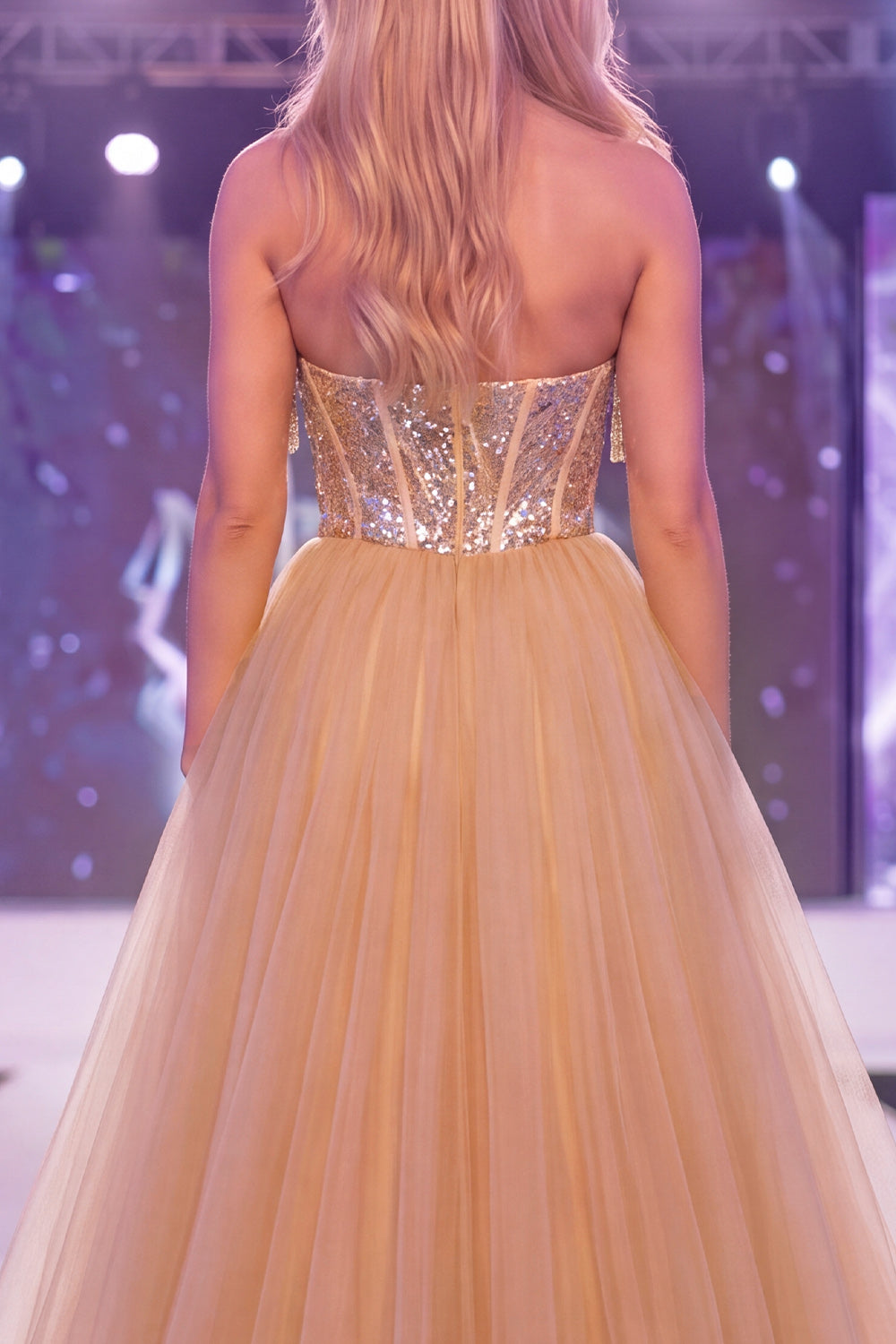 Sparkly Champagne Mermaid Sweetheart Sheer Corset Long Pageant Dress with Sash