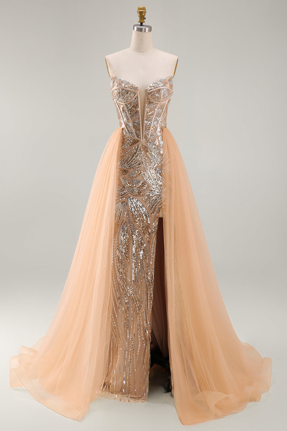 Sparkly Champagne Mermaid Sweetheart Sheer Corset Long Pageant Dress with Sash