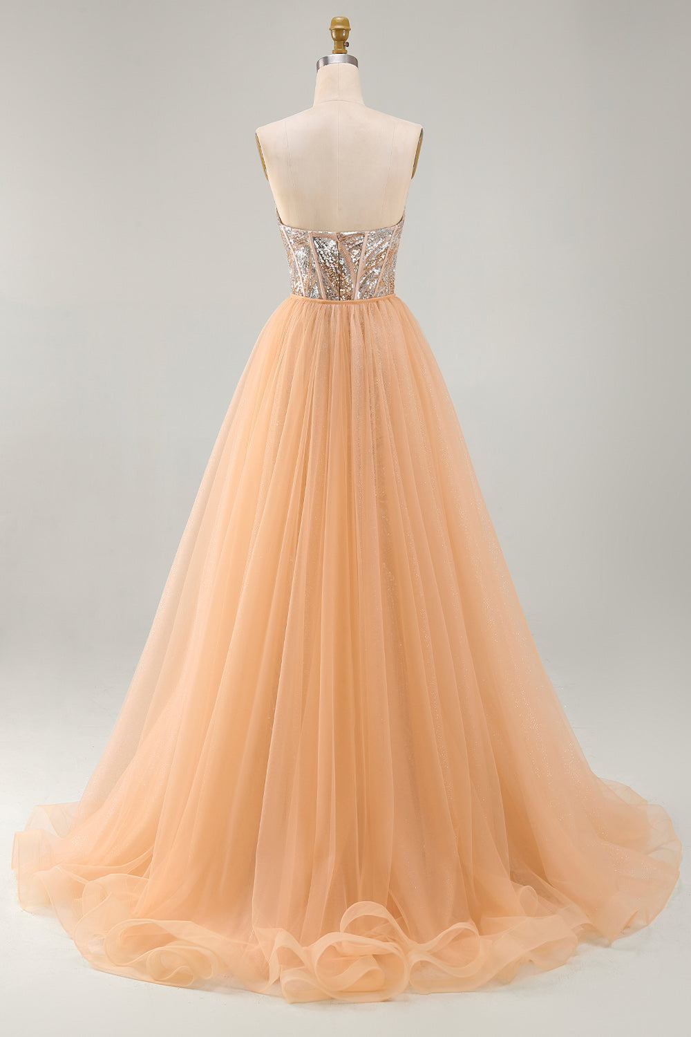 Sparkly Champagne Mermaid Sweetheart Sheer Corset Long Pageant Dress with Sash