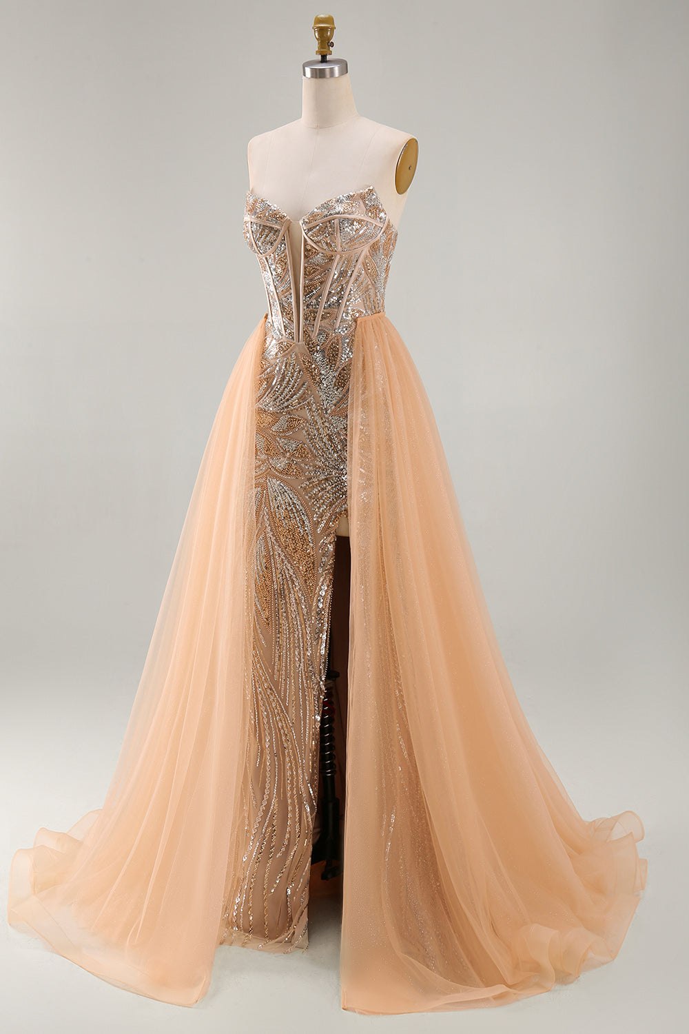Sparkly Champagne Mermaid Sweetheart Sheer Corset Long Pageant Dress with Sash