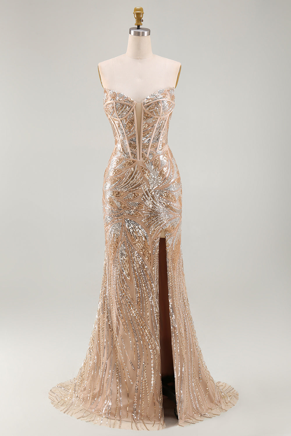 Sparkly Champagne Mermaid Sweetheart Sheer Corset Long Pageant Dress with Sash