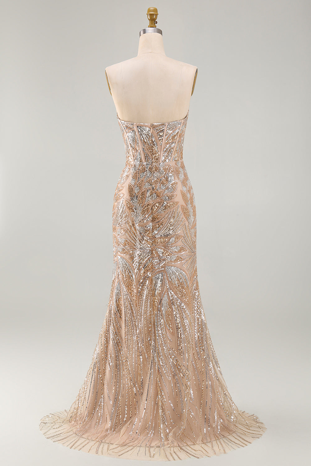 Sparkly Champagne Mermaid Sweetheart Sheer Corset Long Pageant Dress with Sash