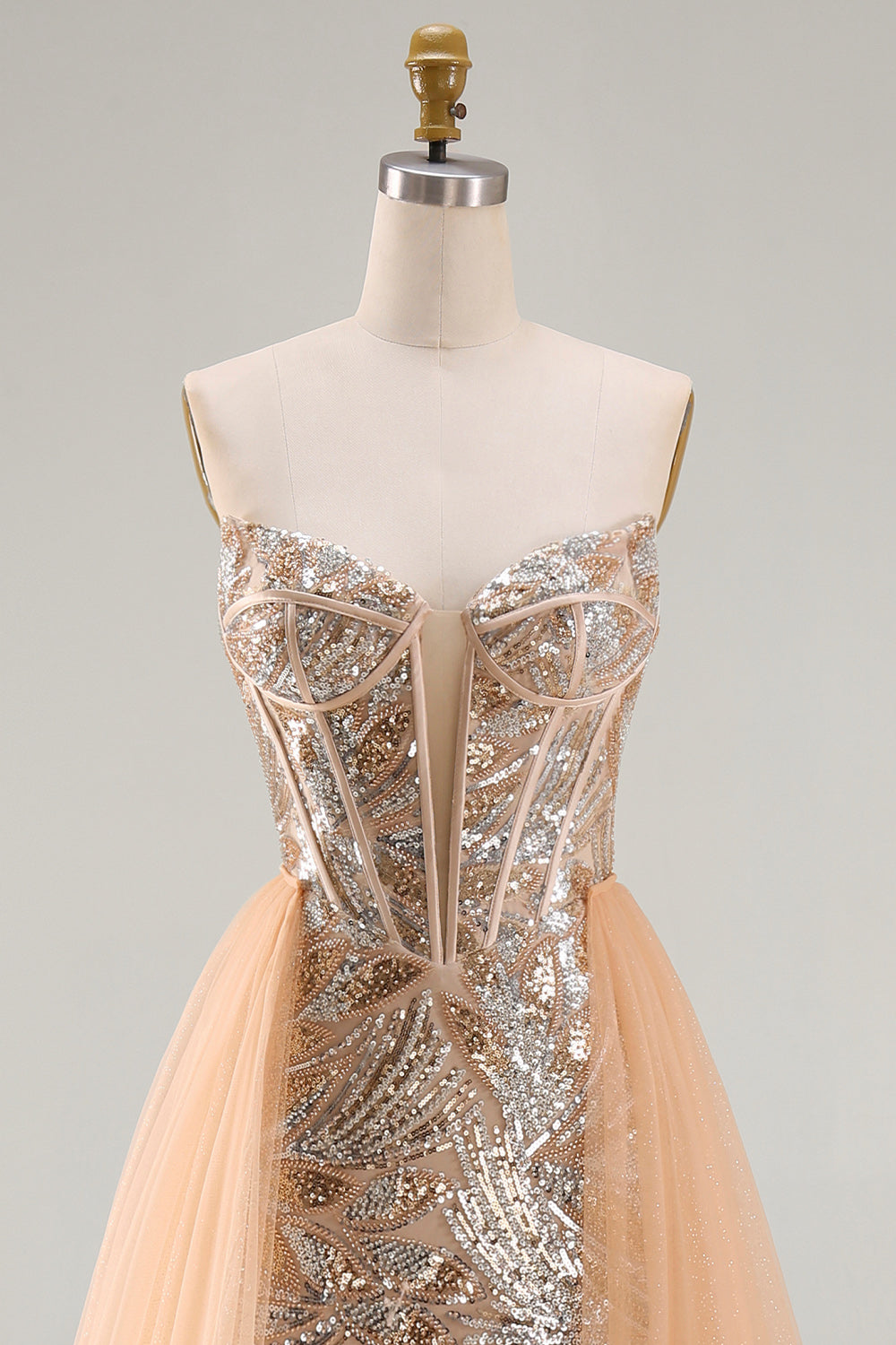 Sparkly Champagne Mermaid Sweetheart Sheer Corset Long Pageant Dress with Sash