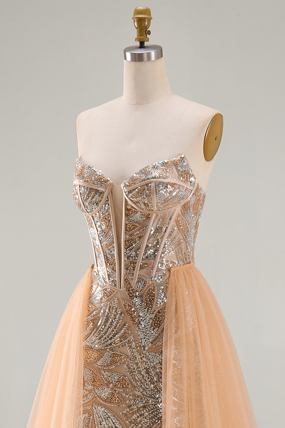 Sparkly Champagne Mermaid Sweetheart Sheer Corset Long Pageant Dress with Sash