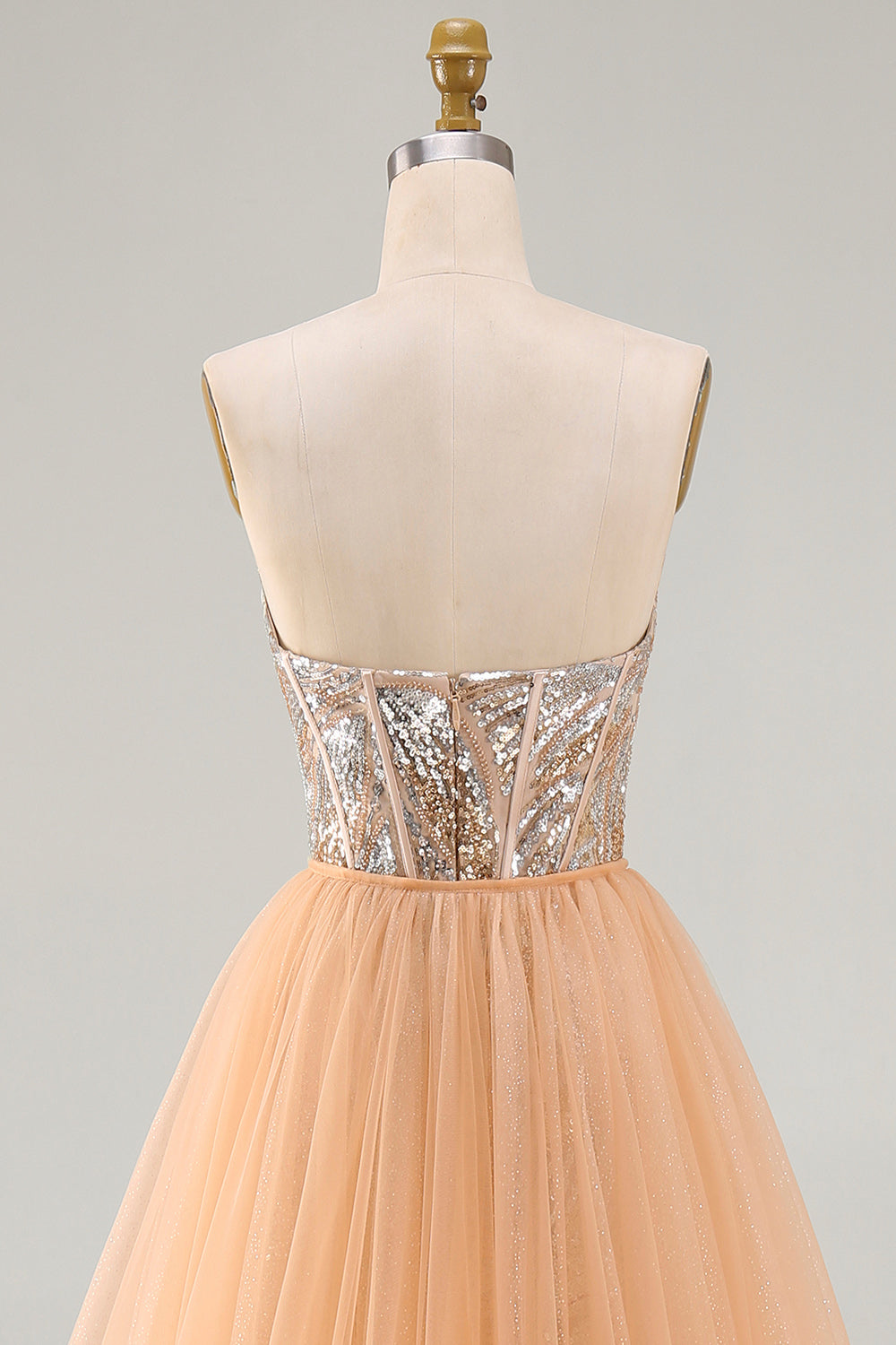 Sparkly Champagne Mermaid Sweetheart Sheer Corset Long Pageant Dress with Sash