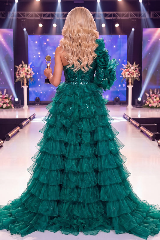 Robe de soirée à paillettes vert foncé scintillantes à une épaule avec ceinture