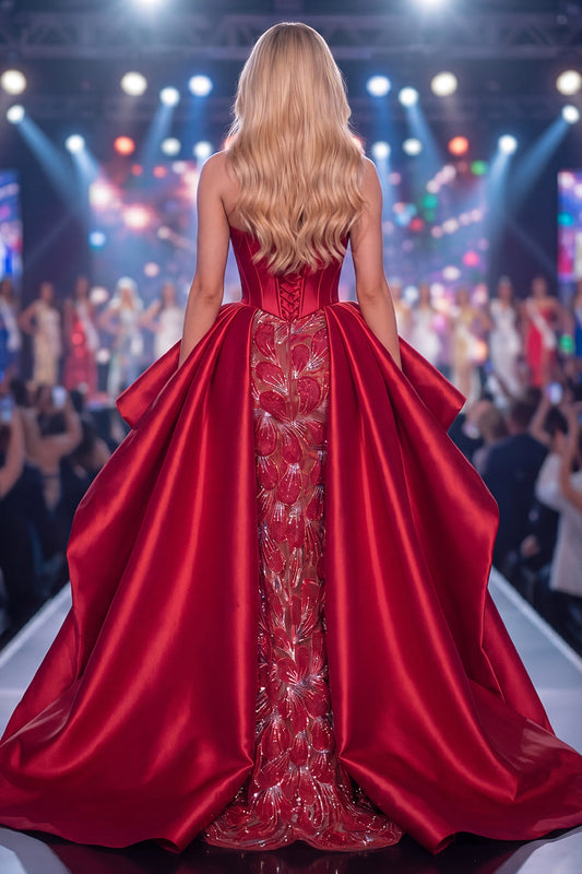 Sweetheart Burgundy Mermaid Corset Beaded Long Pageant Dress with Sash