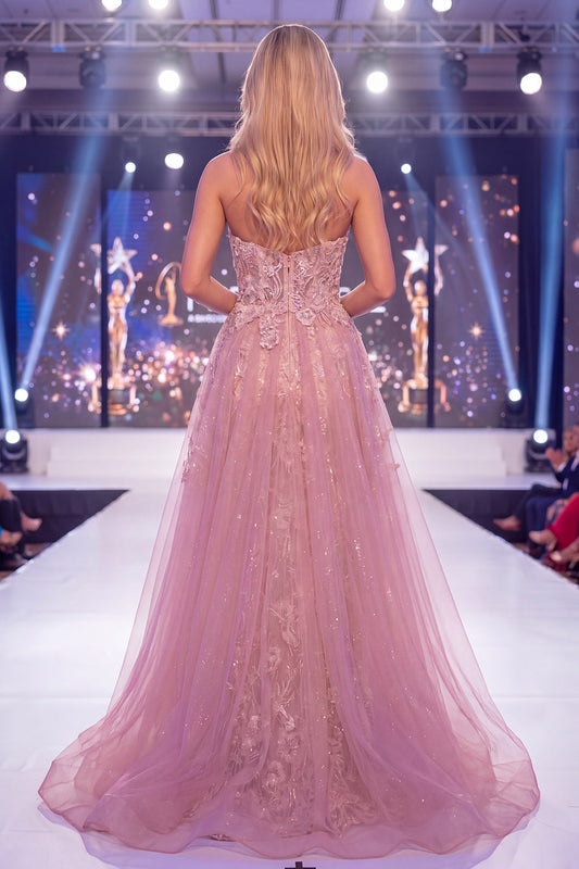 Mermaid Blush Sweetheart Corset Beaded Floral Long Pageant Dress with Sash