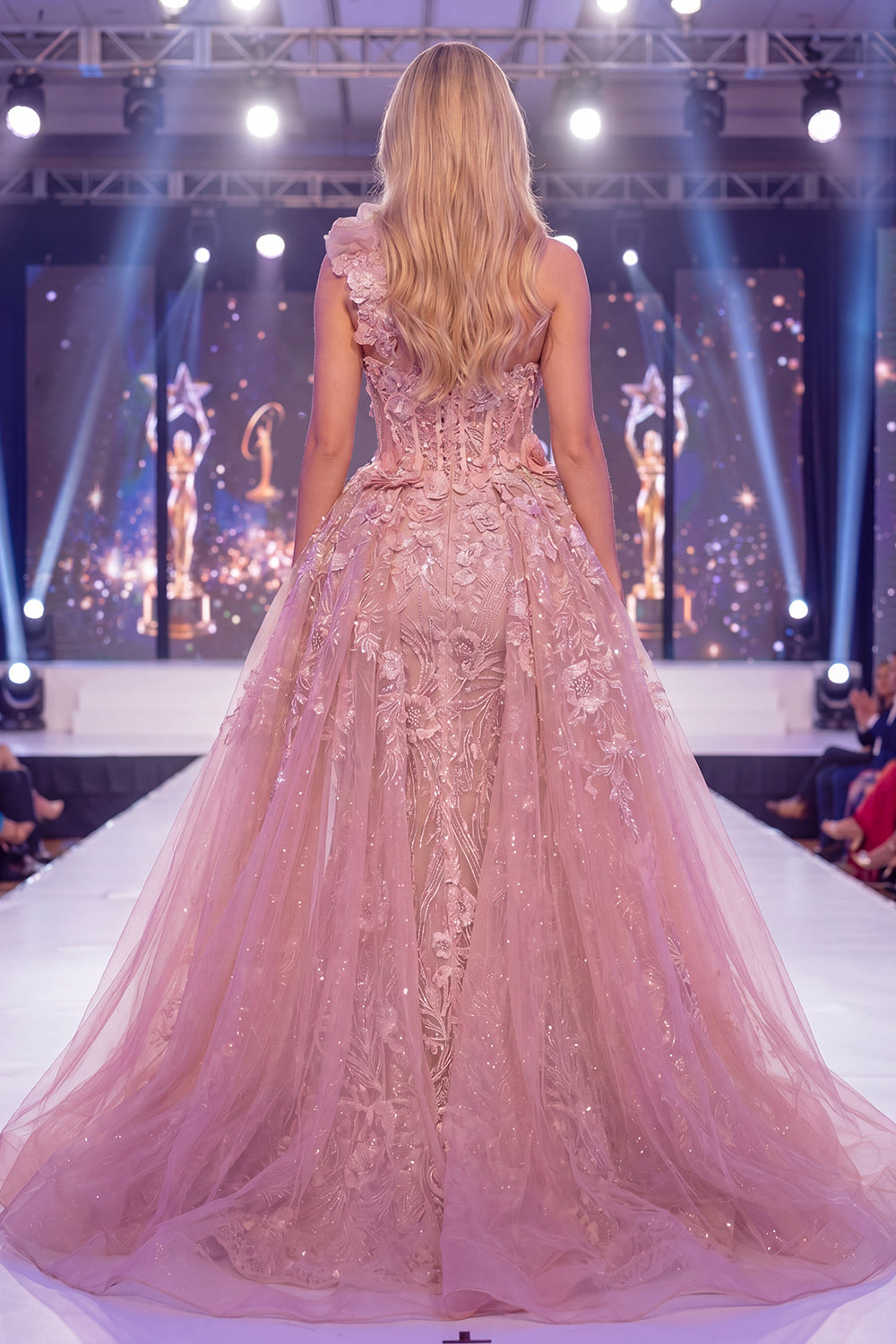 One Shoulder Mermaid Blush Sheer Corset Floral Long Pageant Dress with Sash