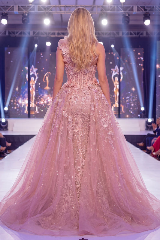 One Shoulder Mermaid Blush Sheer Corset Floral Long Pageant Dress with Sash
