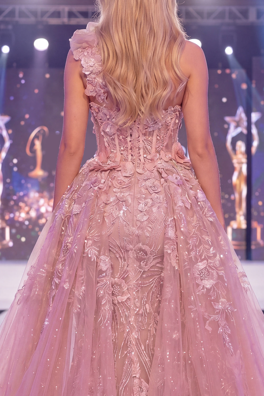 One Shoulder Mermaid Blush Sheer Corset Floral Long Pageant Dress with Sash