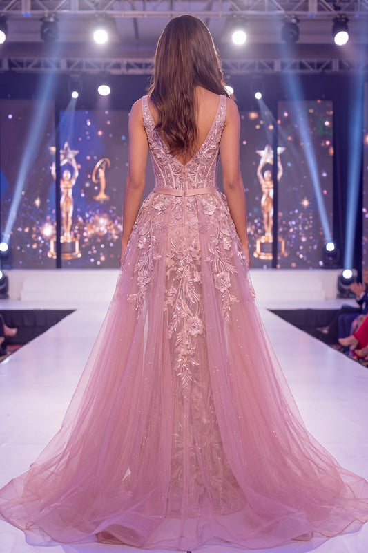 Mermaid Blush V-Neck Sheer Corset Floral Long Pageant Dress with Sash