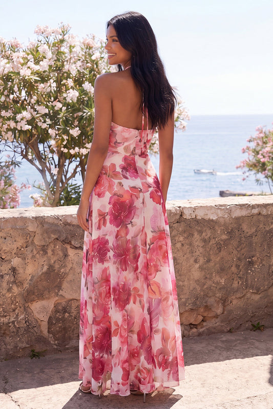 Pink A-Line Chiffon Halter Neck Floral Maxi Dress with Slit