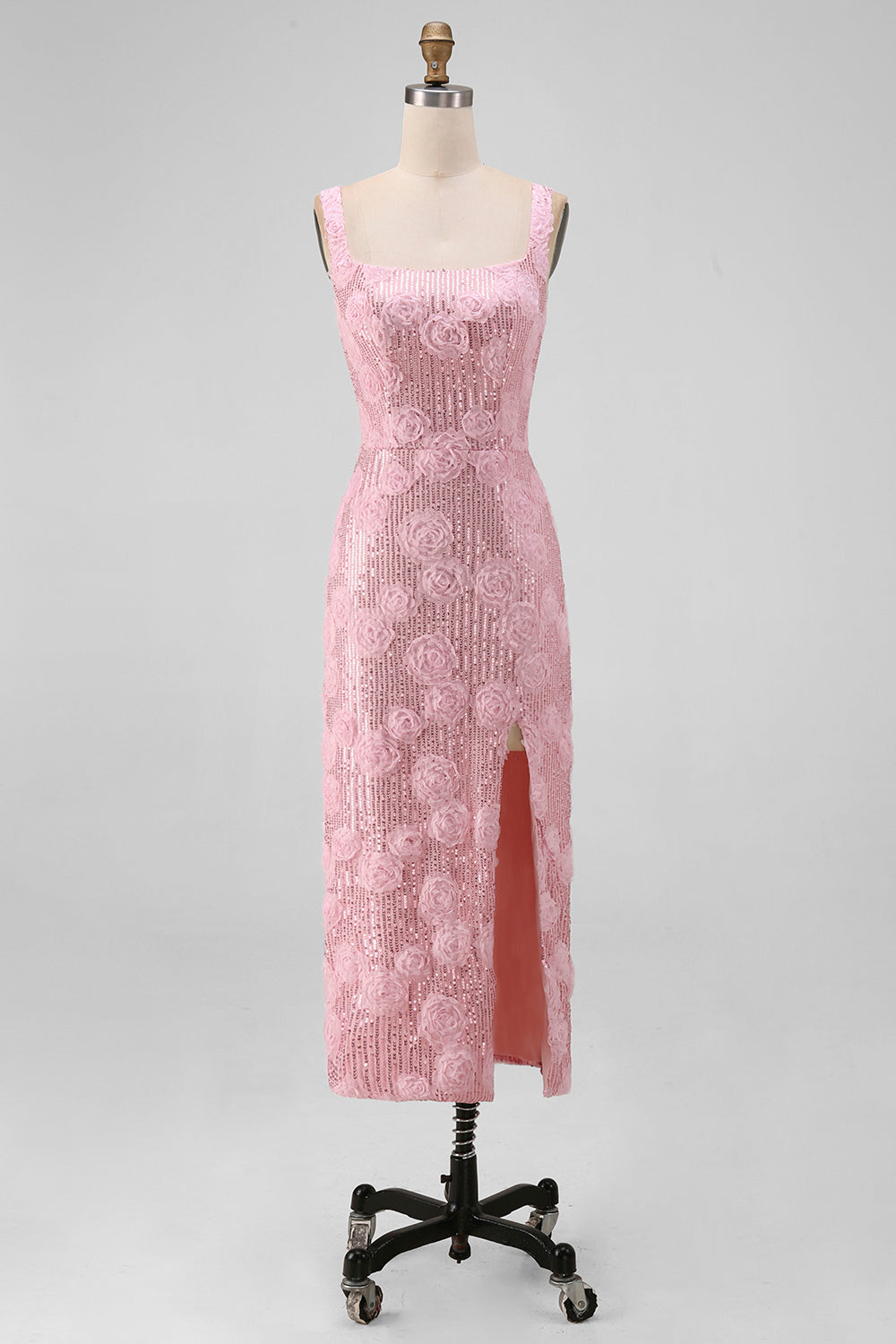 Sparkly Pink Bodycon Square Neck Sequins Midi Floral Dress with Slit