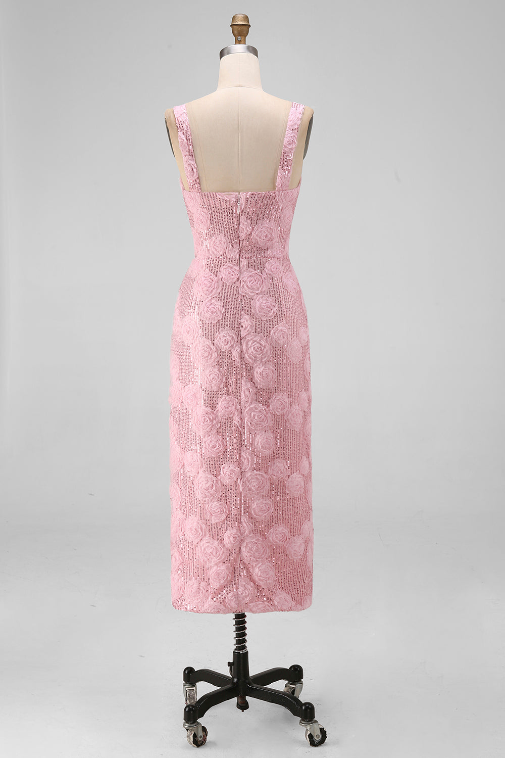 Sparkly Pink Bodycon Square Neck Sequins Midi Floral Dress with Slit