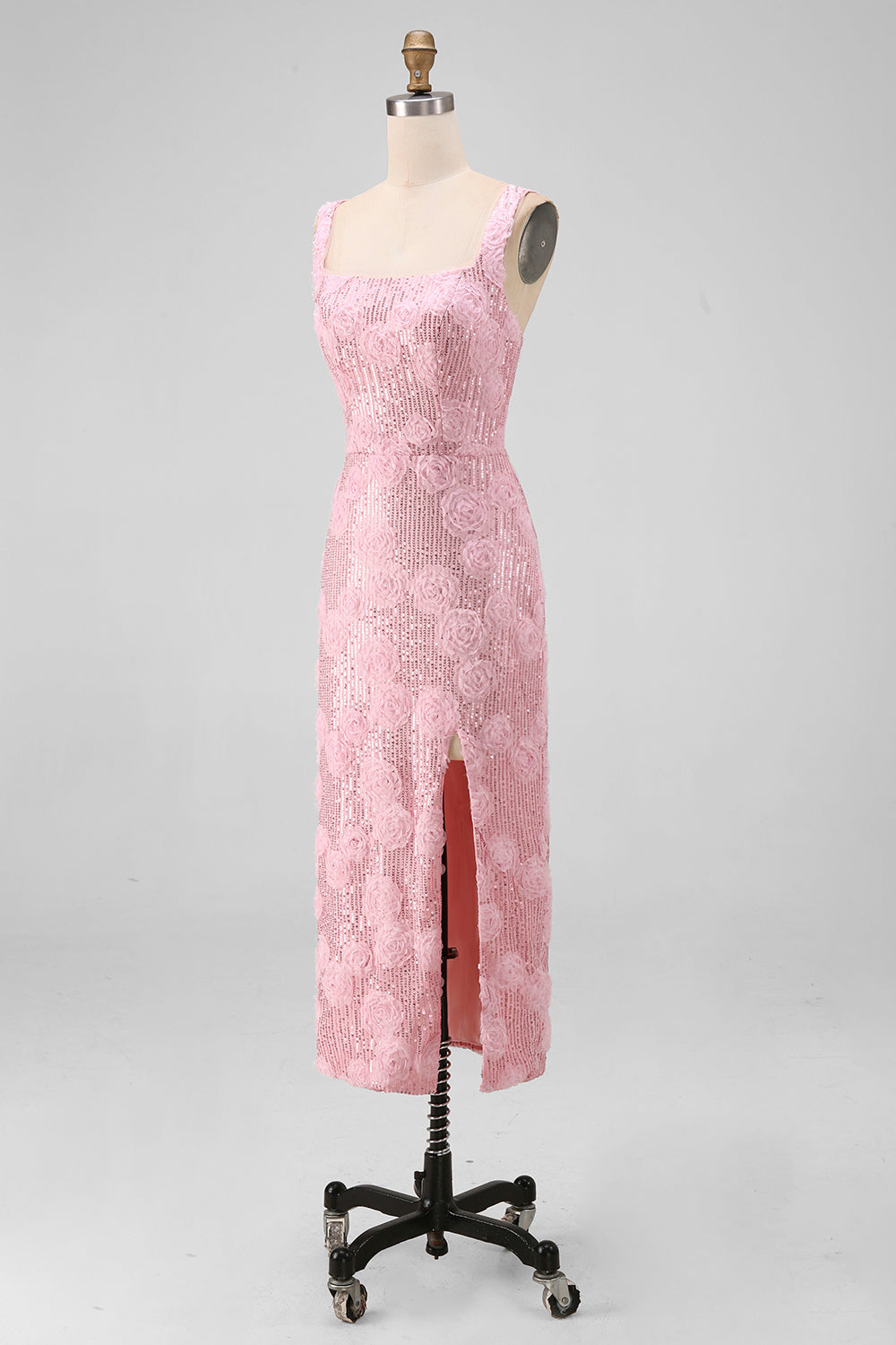 Sparkly Pink Bodycon Square Neck Sequins Midi Floral Dress with Slit