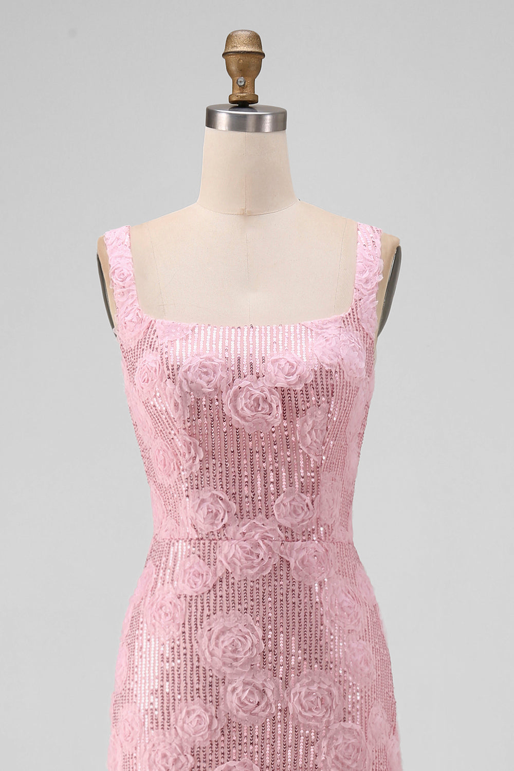 Sparkly Pink Bodycon Square Neck Sequins Midi Floral Dress with Slit