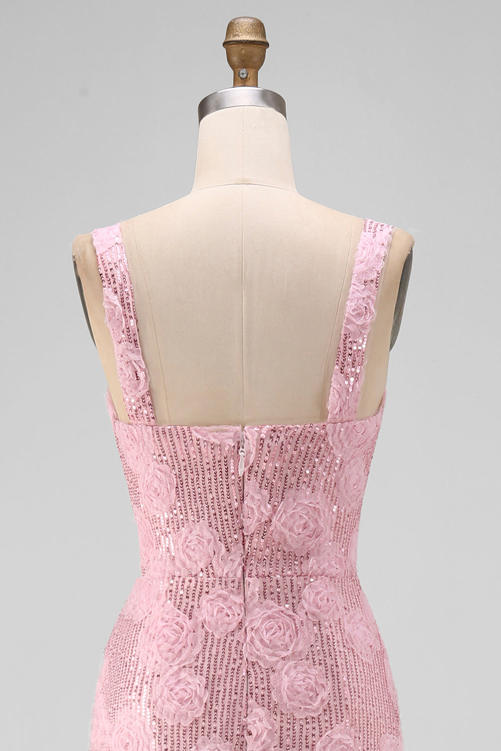 Sparkly Pink Bodycon Square Neck Sequins Midi Floral Dress with Slit