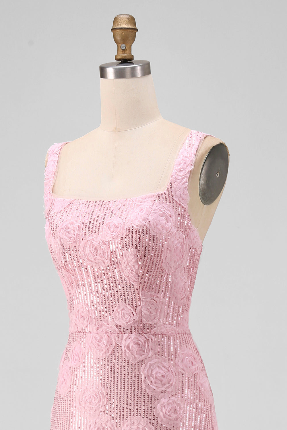 Sparkly Pink Bodycon Square Neck Sequins Midi Floral Dress with Slit