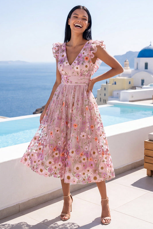 A-Line Pink V-Neck Embroidered Floral Midi Dress with Ruffles
