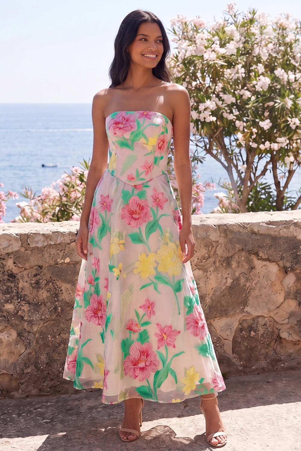 Daffodil Pink Flower Strapless A-Line Midi Dress