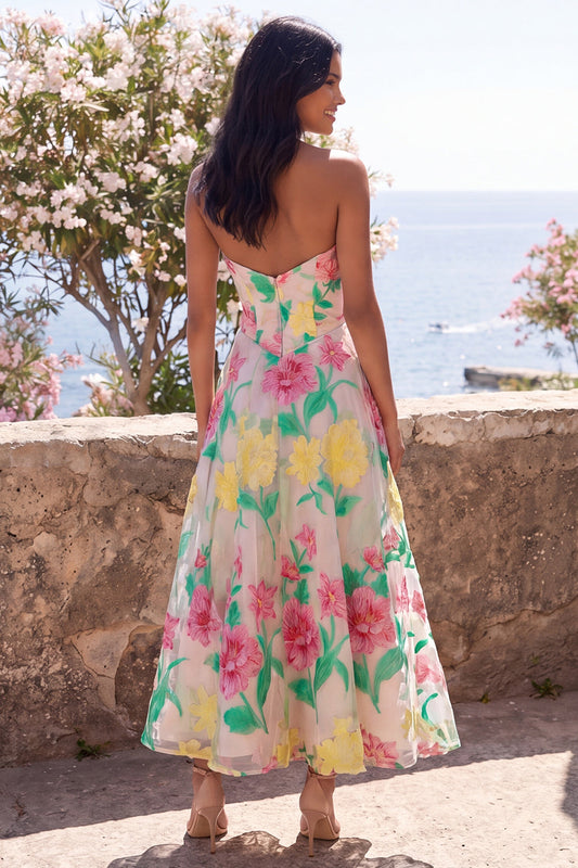 Daffodil Pink Flower Strapless A-Line Midi Dress