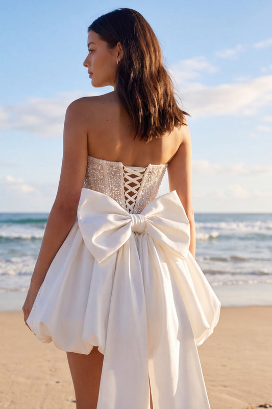 Sprakly Strapless Beaded A-Line Corset Little White Dress with Bow