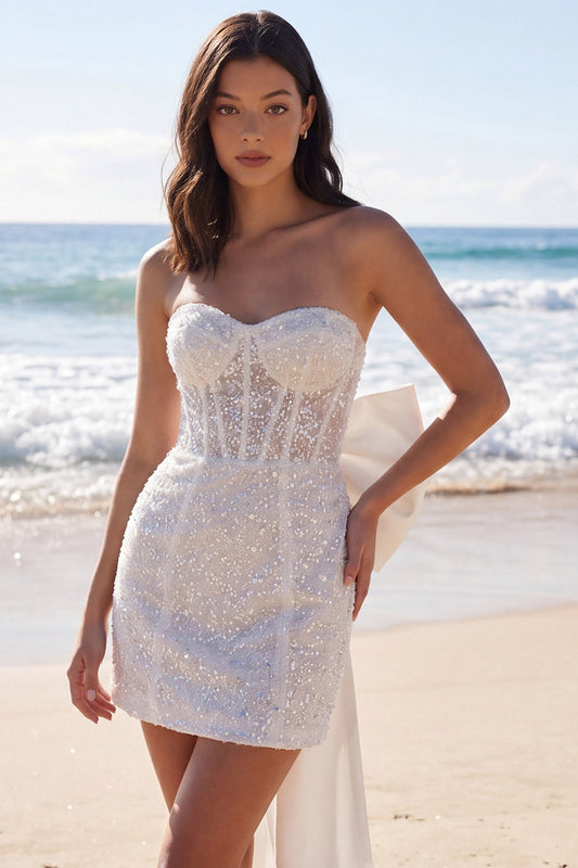 Ivory Strapless Bodycon Sequin Corset Mini Dress with Bow