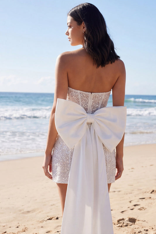 Ivory Strapless Bodycon Sequin Corset Mini Dress with Bow
