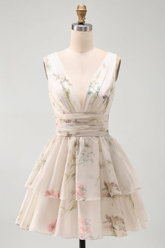 Robe Mini Étagée Col V Imprimé Floral Line Ivoy