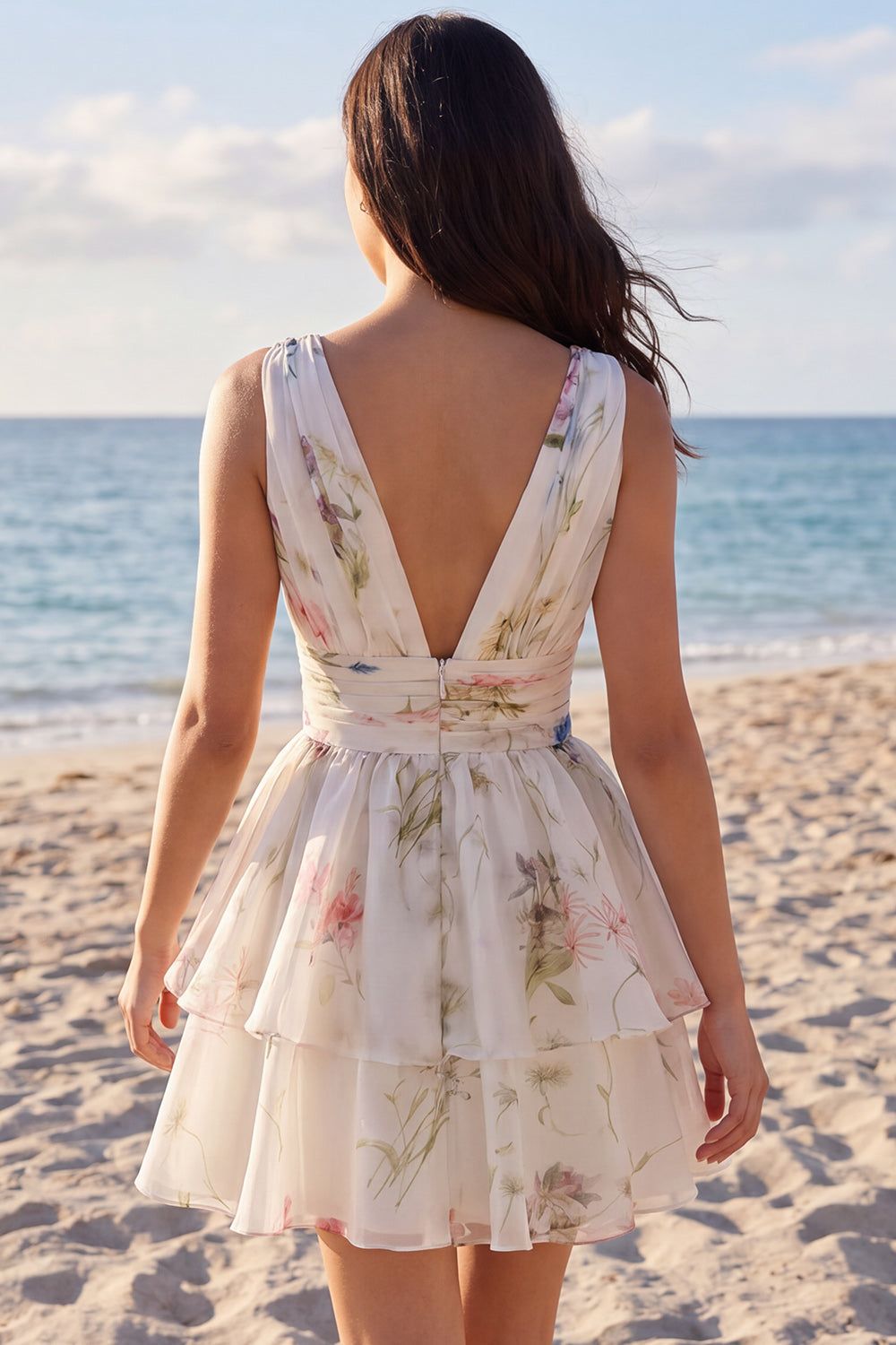 Robe Mini Étagée Col V Imprimé Floral Line Ivoy