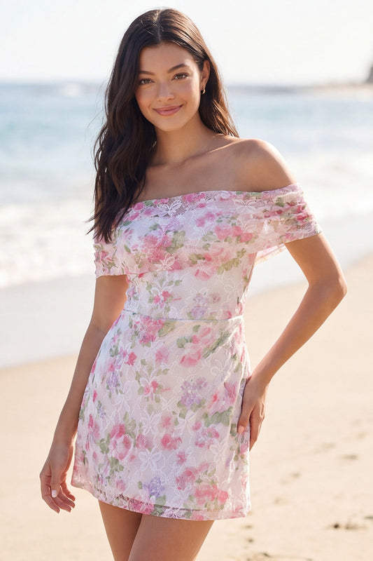 Robe Courte Blanche Évasée Florale Épaules Dénudées