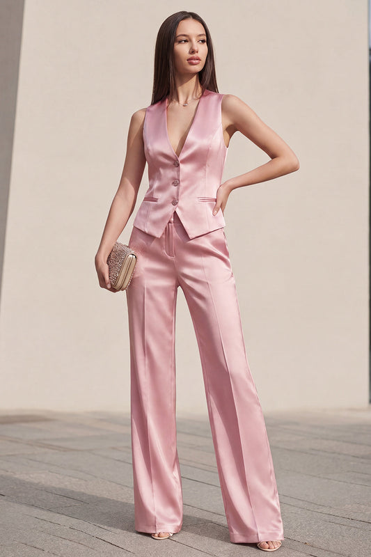 Pink V-Neck Single Breasted Sleeveless 2 Piece Slim Fit Women Suits