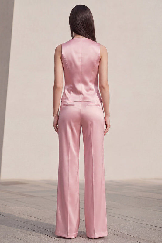 Pink V-Neck Single Breasted Sleeveless 2 Piece Slim Fit Women Suits