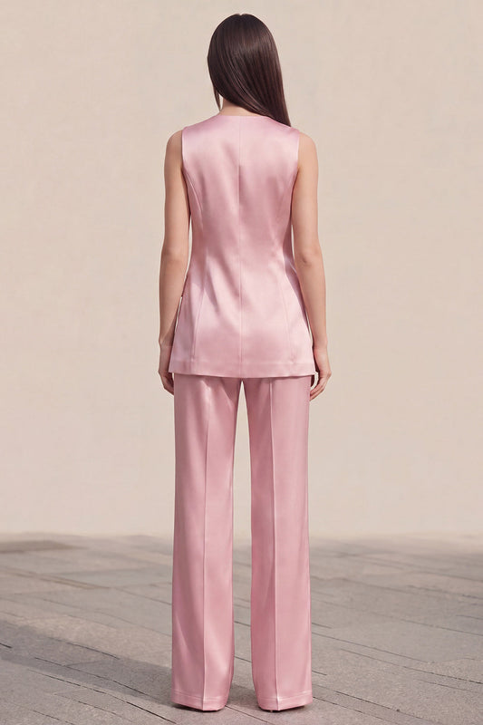 Pink 2 Piece V-Neck One Button Sleeveless Slim Fit Women Suits