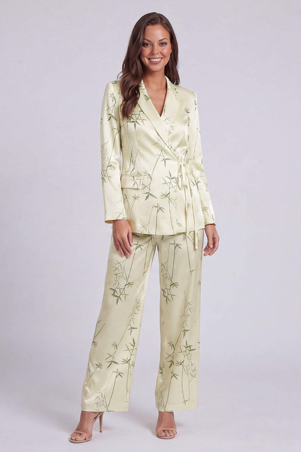 Ensemble tailleur 2 pièces vert clair imprimé cranté pour femme