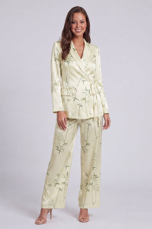 Ensemble tailleur 2 pièces vert clair imprimé cranté pour femme