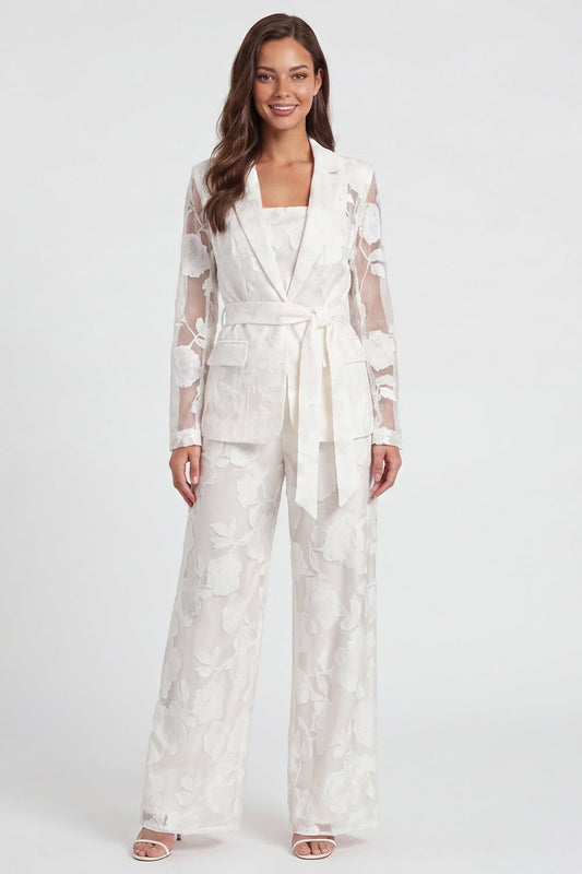 Trajes de mujer de 2 piezas de color marfil con solapa con muescas y estampado floral