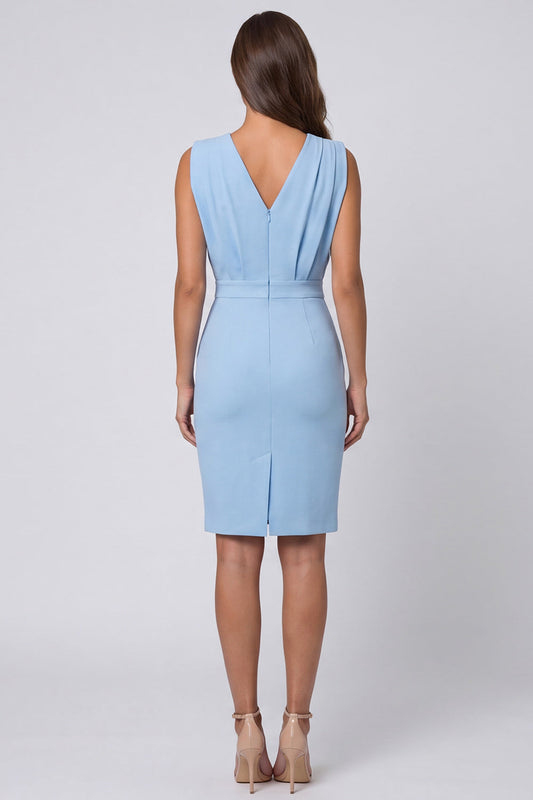Mini-robe de travail bleu ciel froncée et moulante à col en V