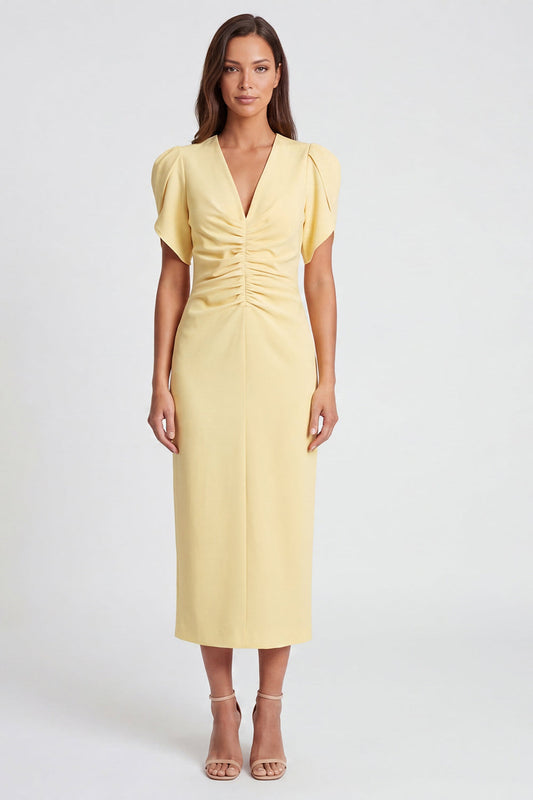 Light Yellow Sheath V Neck Ruched Midi Work Dress