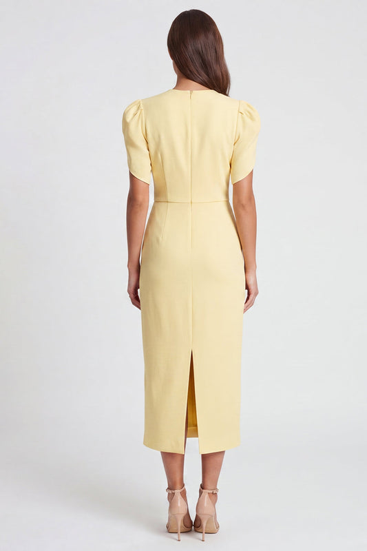 Light Yellow Sheath V Neck Ruched Midi Work Dress
