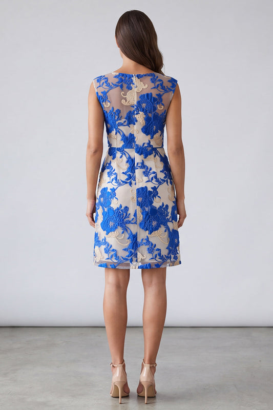 Robe de Travail Courte Fourreau à Col Carré Fleurs Bleues
