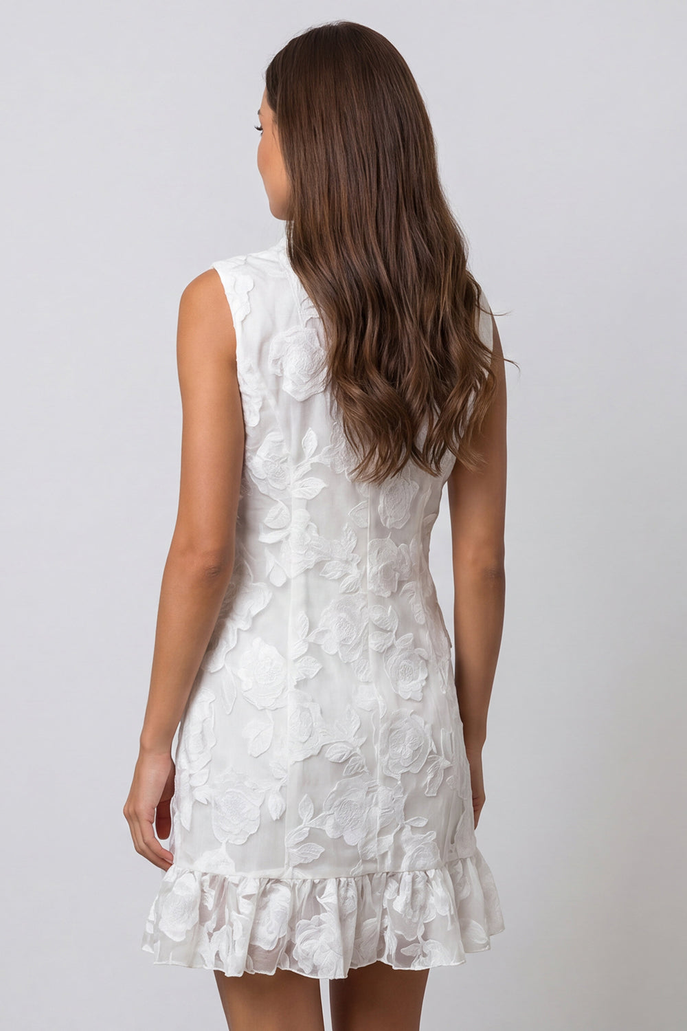 Ivory Shawl Lapel Double Breasted Floral Ruffled Short Work Dress